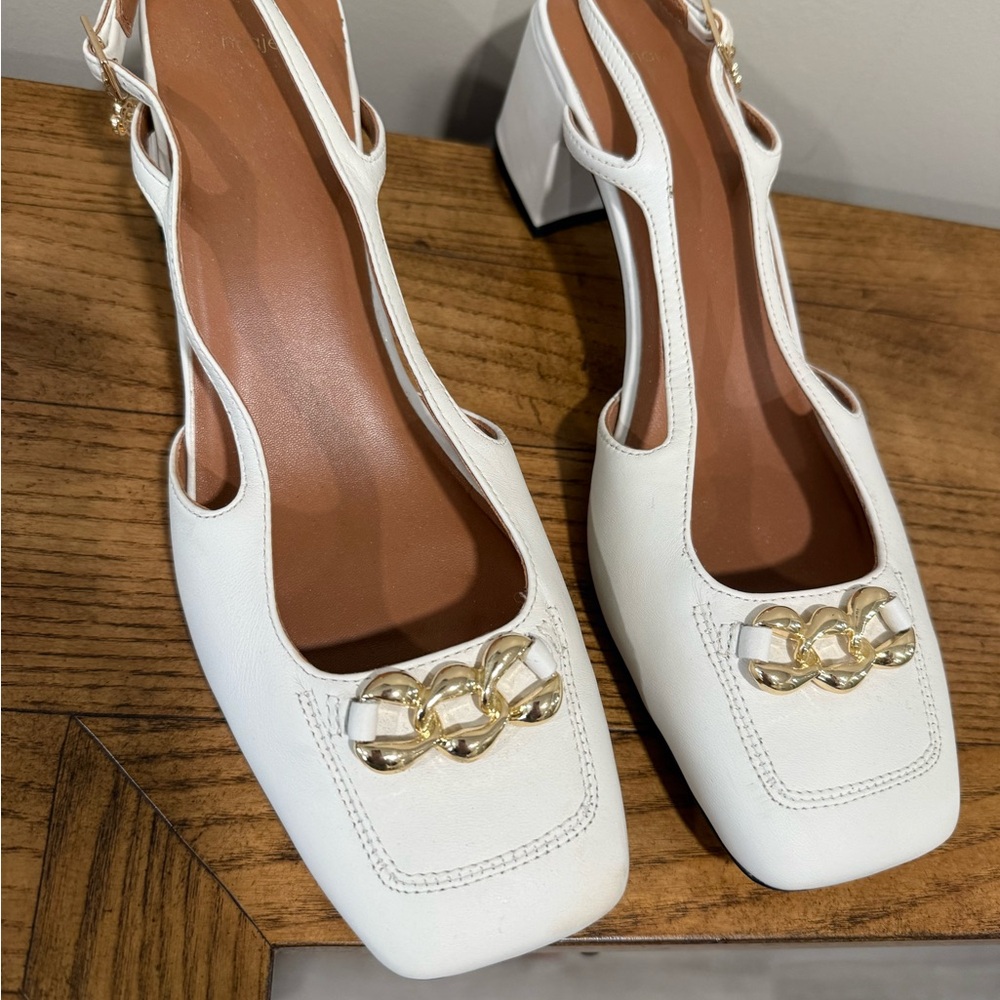 Maje Classic Cream Leather Block-Heel Slingback Pumps with Gold Chain Detail